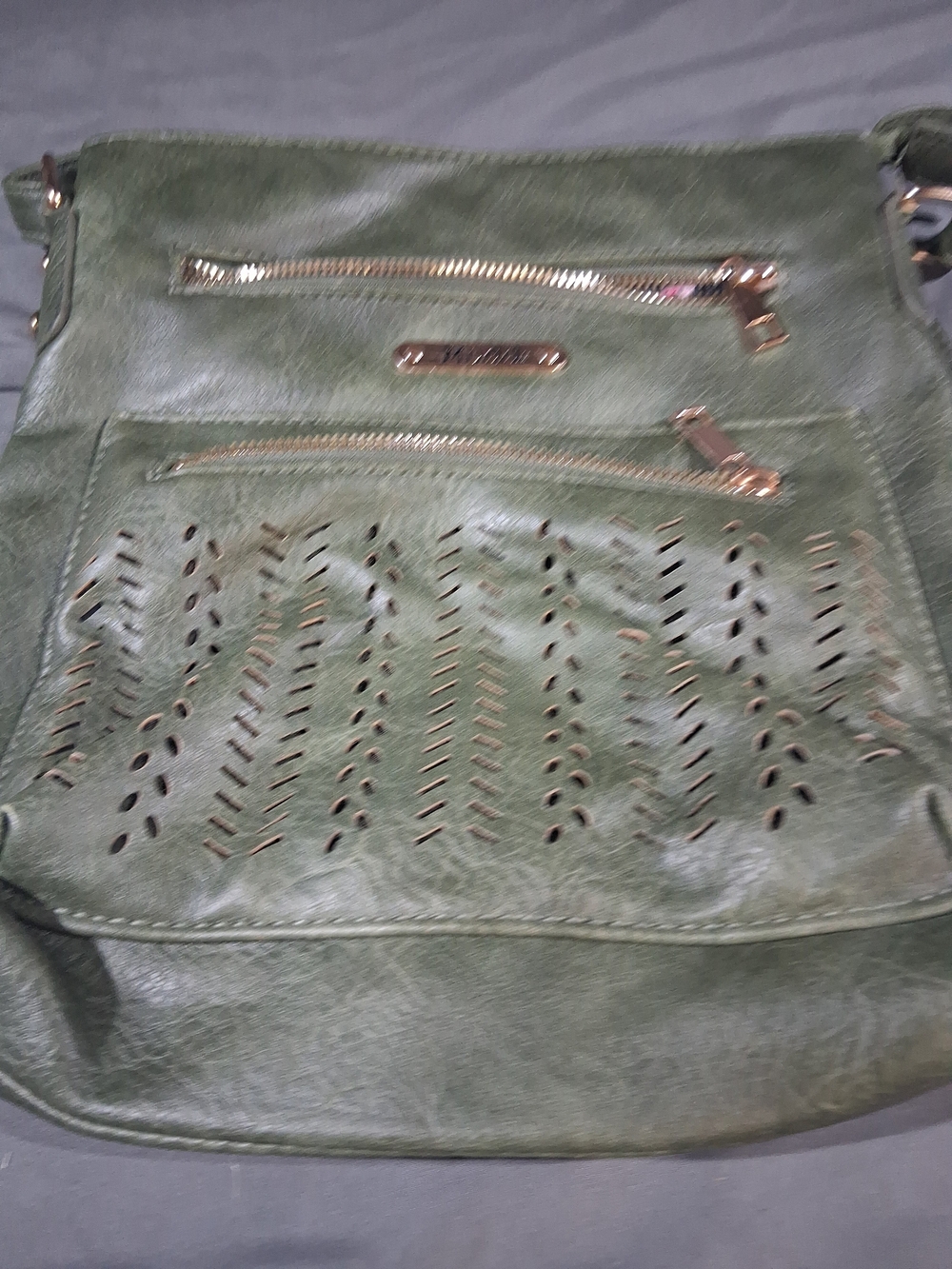 Mudd Olive Green Perforated Crossbody Bag with Gold Accents